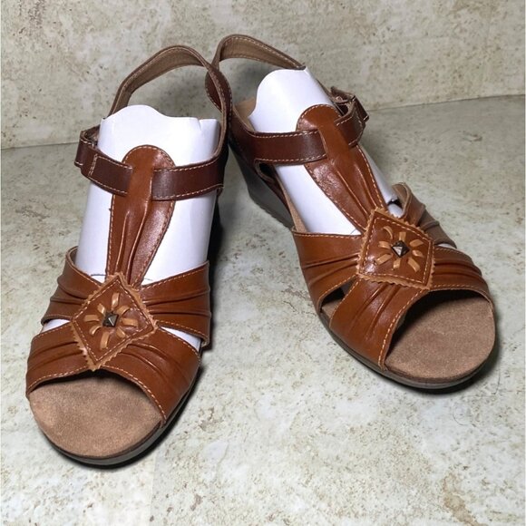 Earth Origins Brown Leather Open-Toe Wedge Sandals Ankle Strap Comfort Casual - Picture 1 of 10